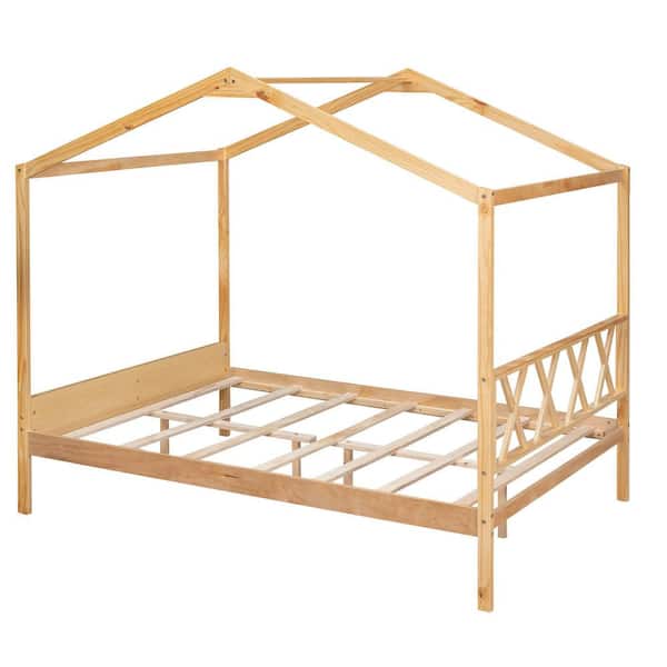 ANBAZAR Natural Full Kids Wood House Bed Frame, Playhouse Bed with ...