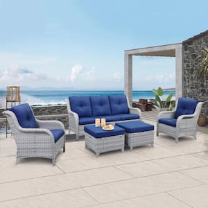 5-Piece Light Beige Wicker Outdoor Patio Deep Seating Set with Navy Cushions