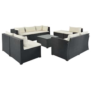 Black 9-Piece Wicker Metal Outdoor Sectional Set with Beige Cushions