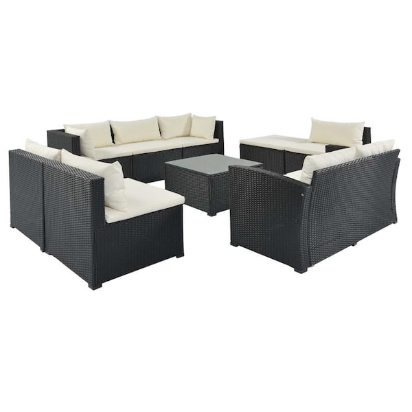 Sireck Black 9-Piece Wicker Metal Outdoor Sectional Set with Beige Cushions