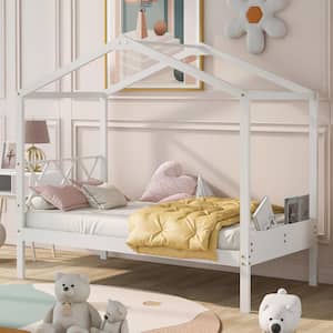 White Twin Size House Bed for Kids, Wooden Platform Bed Frame with Headboard and Storage Space for Girls, Boys