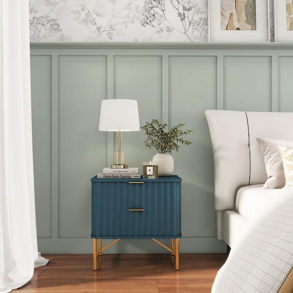 Clihome Modern Green 2-Drawer Nightstand with Arched Grooved Panels and Crossbar Metal Legs for Bedroom or Living Room