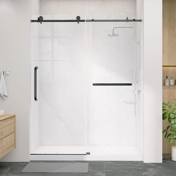 56-60 in. W x 75 in. H Single Sliding Frameless Shower Door in Matte Black with 1/4 in. Thickness Tempered Clear Glass