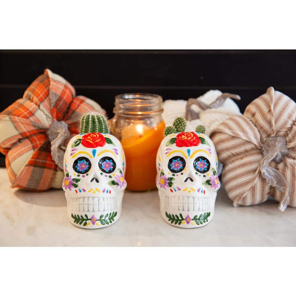 Set of 2 Multicolor Ceramic Skull Planters