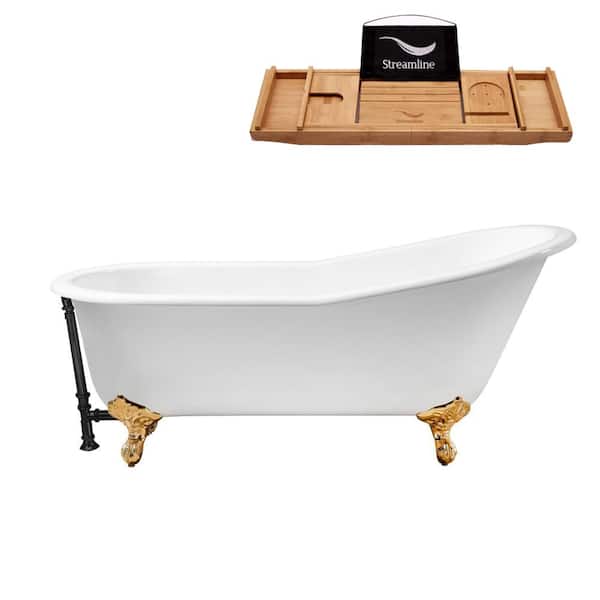Streamline 67 in. Cast Iron Clawfoot Non-Whirlpool Bathtub in Glossy White with Matte Black Drain and Polished Gold Clawfeet