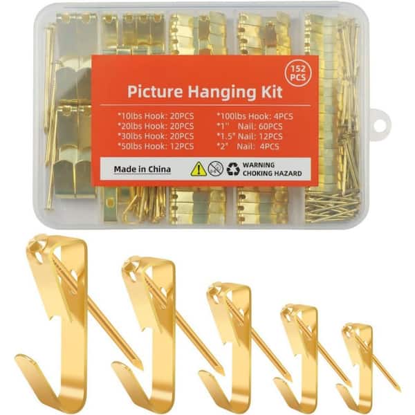 Adrinfly Picture Hanging Kit 152-Pieces Heavy Duty Hooks with Nails for Photo Frame Wall Art Mounting on Drywall Wood Gold