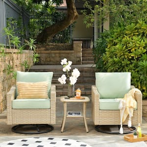 Camelia Beige 3-Piece Wicker Patio Swivel Rocking Chairs Seating Set with Cafe Table and Mint Green Cushions