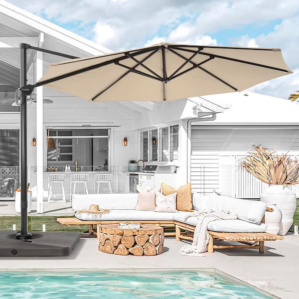 Sonkuki 11 ft. Round Aluminum 360-Degree Rotation Cantilever Offset Outdoor Patio Umbrella with a Base in Sand