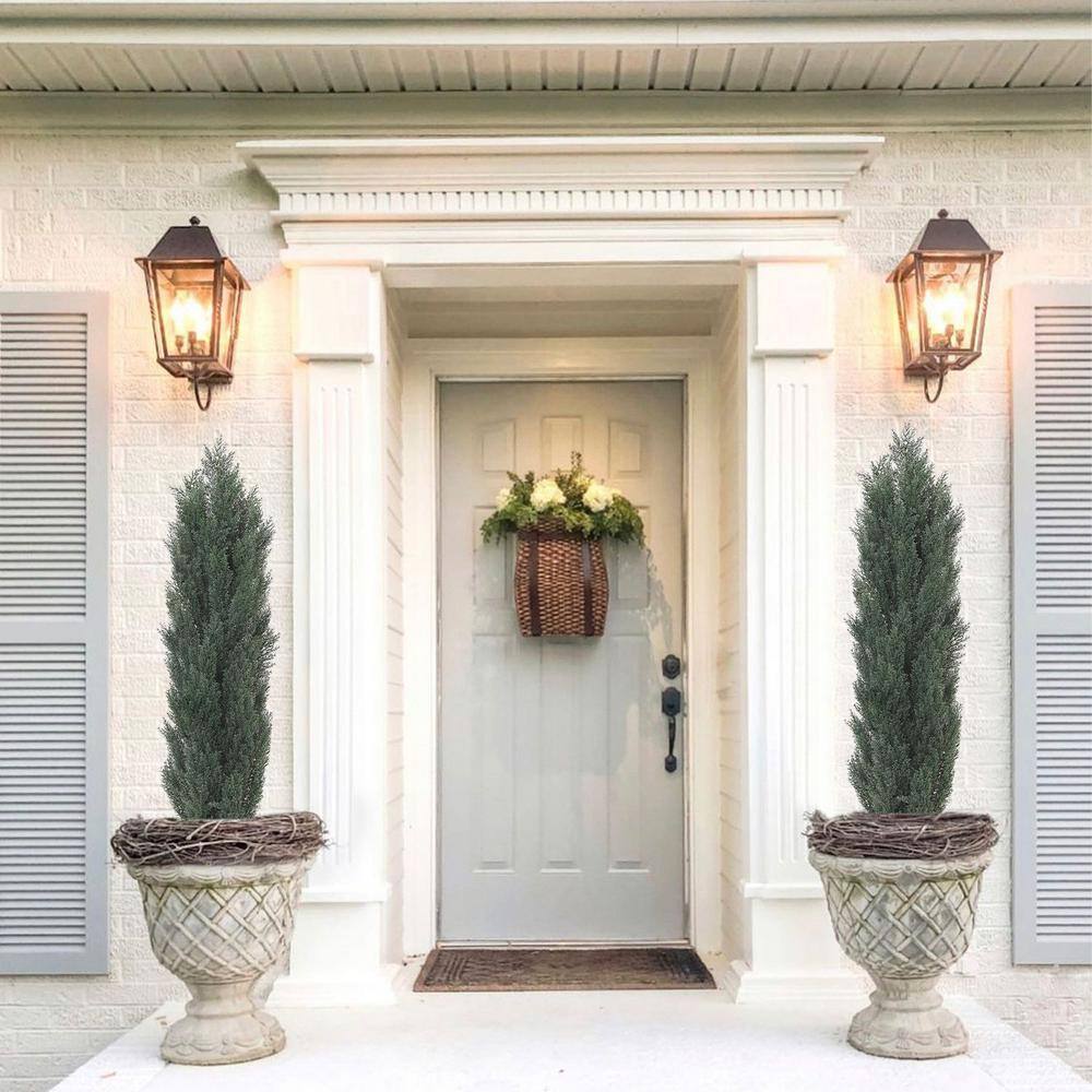 59" Dark Green Cedar Artificial Topiary Trees in Black Cement Pots, Set of 2