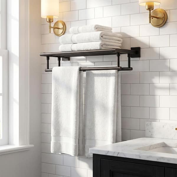24 in. Bathroom Wall Mounted Towel Rack with Storage Shelf and Double Towel Bars Stainless Steel in Oil Rubbed Bronze