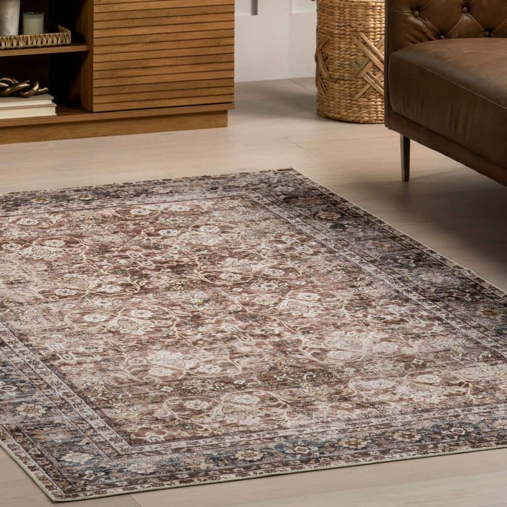 Freesia Brown and Blue Floral 8' x 10' Washable Area Rug