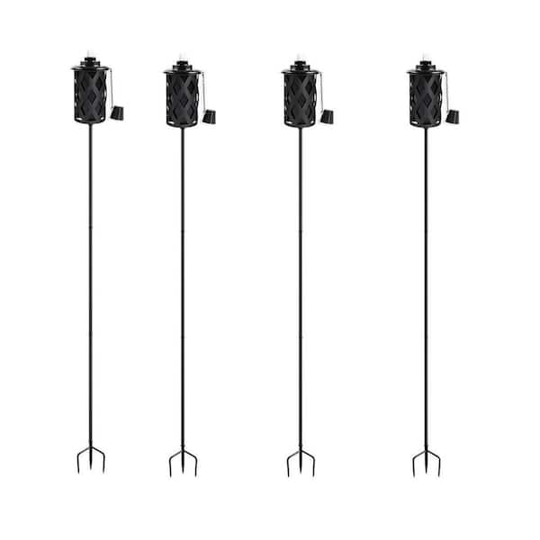 59 Inch Black Metal Outdoor Torches with 3-Prong Stake Set of 4 Weatherproof Garden Patio Decor
