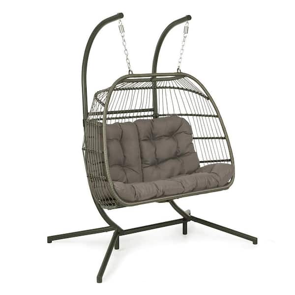 SUNRINX Luxury 2-Person X-Large Wicker Double Swing Chair Hanging Egg Chair with Gray Cushion