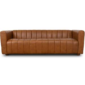 Cayman 88 in. W Round Arm Luxury Leather Rectangle Couch in Cognac Brown