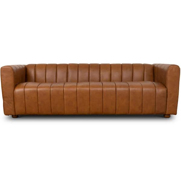 Ashcroft Furniture Co Cayman 88 in. W Round Arm Luxury Leather Rectangle Couch in Cognac Brown
