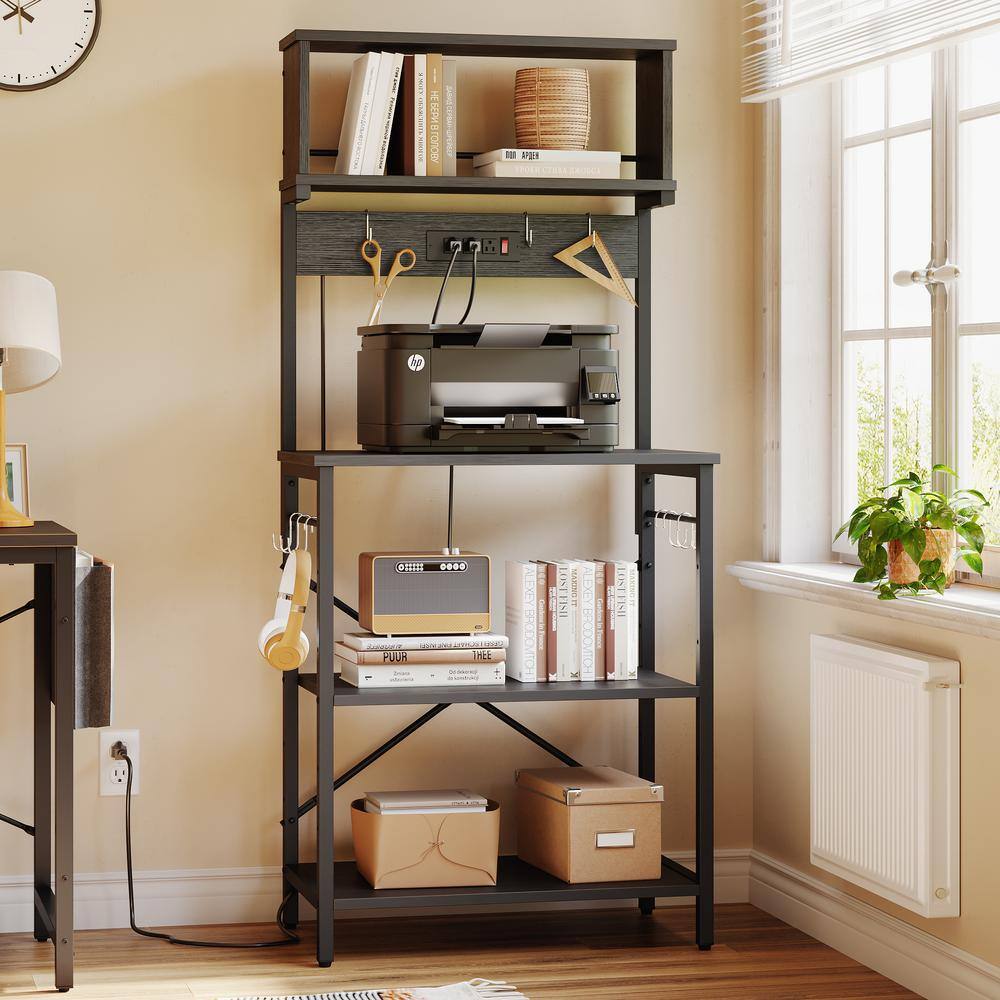 Black 60" Wood Kitchen Baker's Rack with Storage and Power Outlets