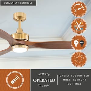 Curtiss 52 in. LED Indoor Satin Brass Mid-Century Modern MCM Wood Propeller Ceiling Fan with Light Kit and Remote