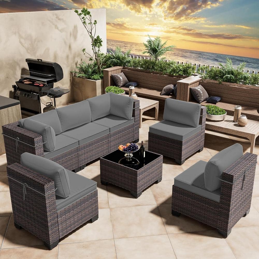 Halmuz 7-Piece Wicker Outdoor Sectional Set with Cushion Gray 7PS