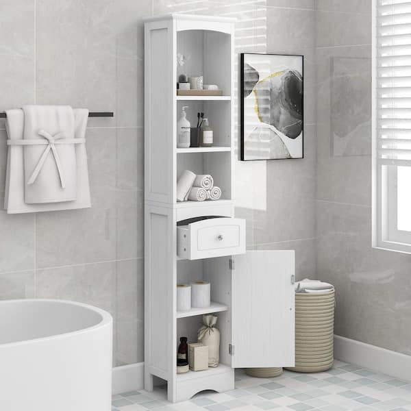 13.4 in. W x 9.1 in. D x 66.9 in. H White Tall Bathroom Freestanding Linen Cabinet with Drawer and Adjustable Shelf