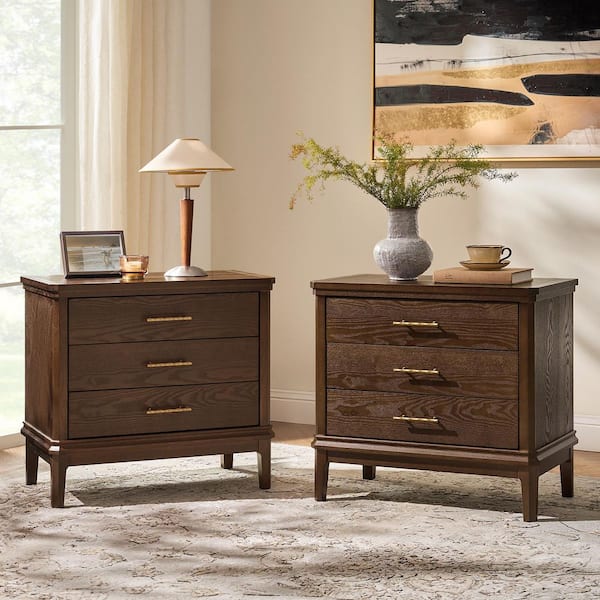 Jess Auburn 3-Drawer 28 in. W Nightstand Set of 2 with Built-In Charging Station