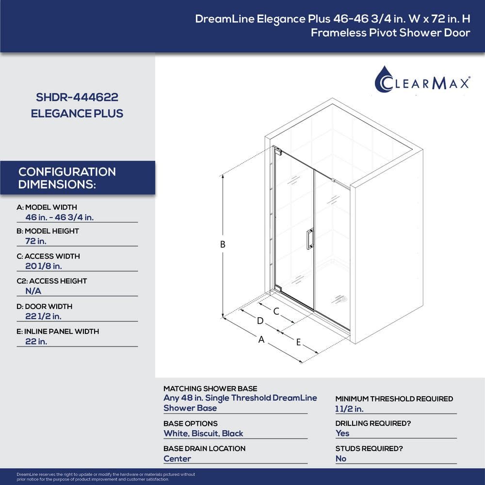 Elegance Plus 46" W x 72" H Frameless Pivot Shower Door in Black