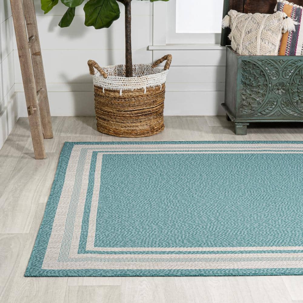 Aqua and Beige 3' x 5' Modern Stripe Synthetic Indoor/Outdoor Rug