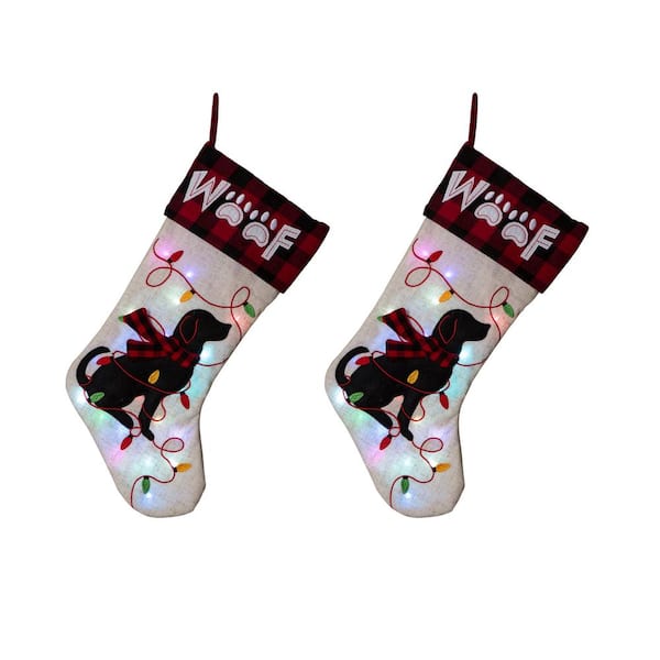 Glitzhome 21 in. Polyester LED Embroidered Linen Christmas Dog Stocking (2-Pack)