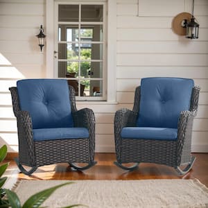 ArcoBay Metal and Brown Wicker Outdoor Rocking Chair with Olefin Navy Blue Cushions (2-Pack)