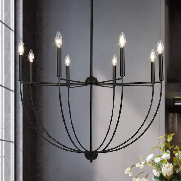 Traditional 35 in. 8-Lights Matte Black Chandelier, Farmhouse Large Candlestick Foyer Chandelier Living Room, Bedroom