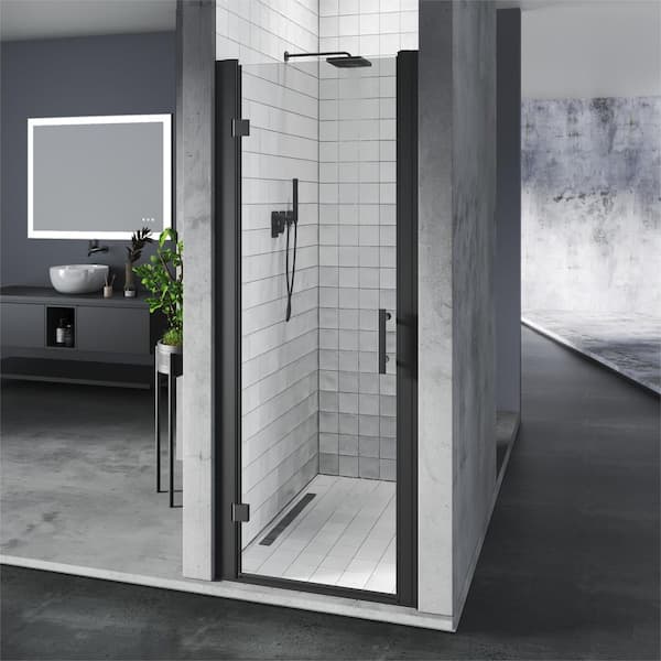 28 in. to 30 in. W x 72 in. H Pivot Hinged Swing Frameless Shower Door in Black with Clear Glass