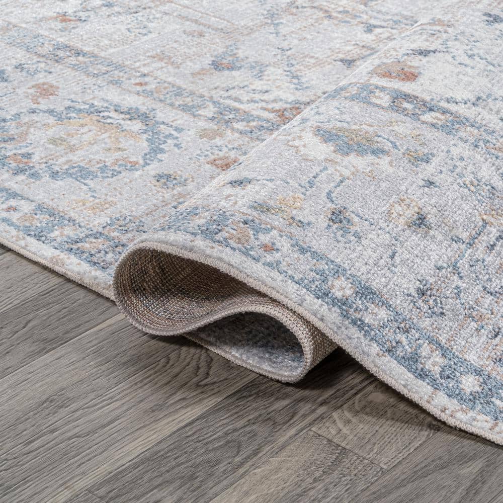 Light Gray and Blue Low-Pile Machine-Washable Rectangular Rug