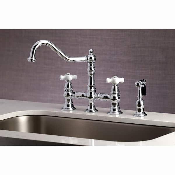 Restoration 2-Handle Bridge Kitchen Faucet with Side Sprayer in Polished Chrome
