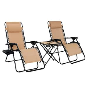 26 in. W Alloy Steel Outdoor Lounge Chairs, Adjustable Zero Gravity Recliners with Side Table Pillow Beige (Set of 2)