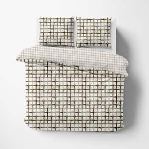 GOTS Certified Reversible Print 3-Piece White / Brown Shaded Check 100% Organic Cotton Queen Duvet Cover Set