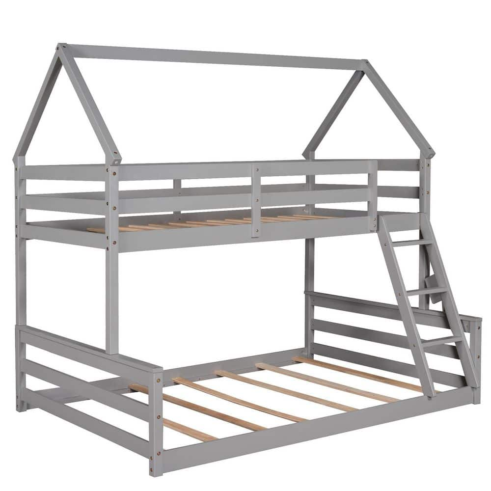 VERYKE Gray-b Wood Twin Over Full House Bunk Bed with Built-in Ladder ...