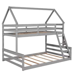 Gray-b Wood Twin Over Full House Bunk Bed with Built-in Ladder