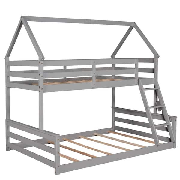VERYKE Gray-b Wood Twin Over Full House Bunk Bed with Built-in Ladder