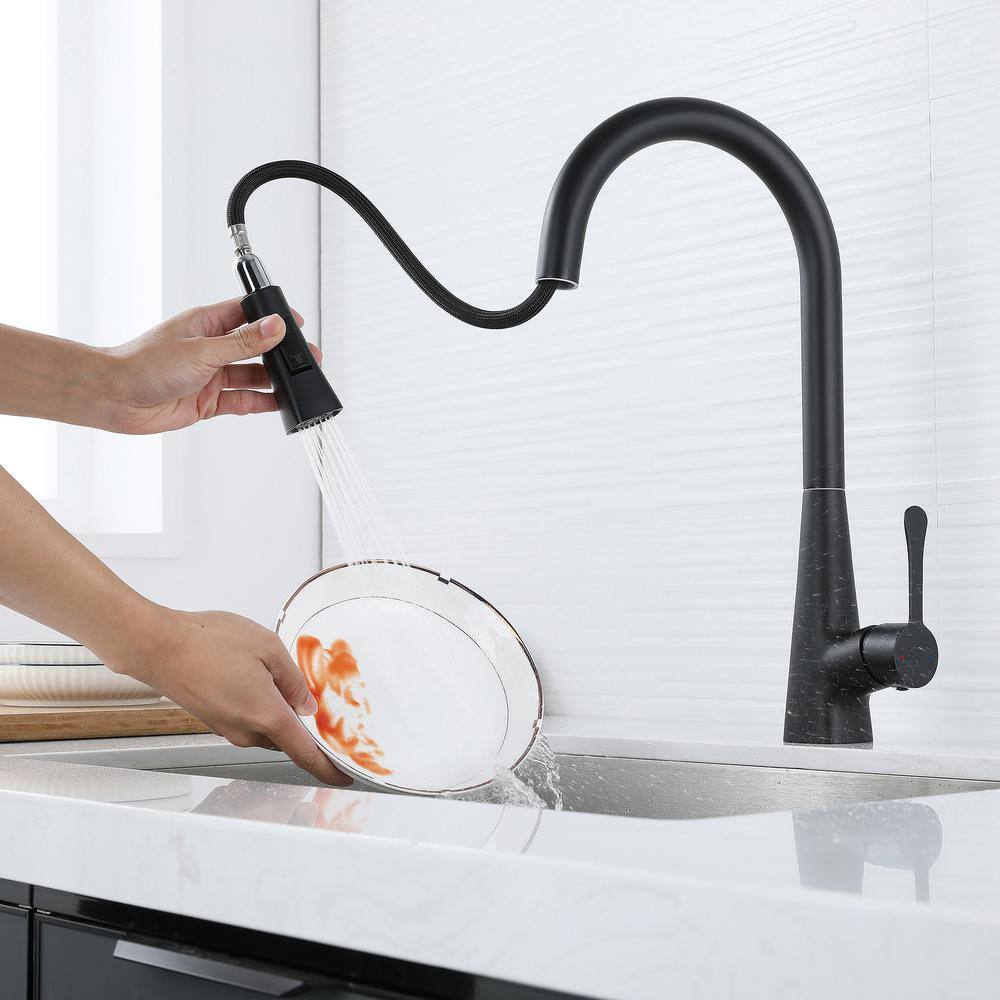 Modern Bar Sink Faucet Single Handle With Pull Out Sprayer - Matte Black Hot & Cold Prep Sink Faucet For Kitchen