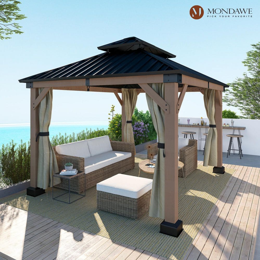 10 ft x 12 ft Fir Wood Frame Patio Gazebo with Steel Hardtop Roof