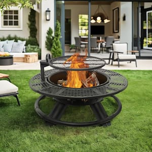 47 in. Wood Burning Fire Pit Outdoor Backyard Patio Fire Pit with Cooking Grill Grate, Deer Head Style