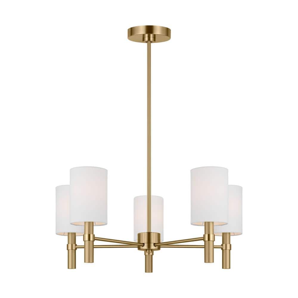 Satin Brass 5-Light Chandelier with White Linen Shades