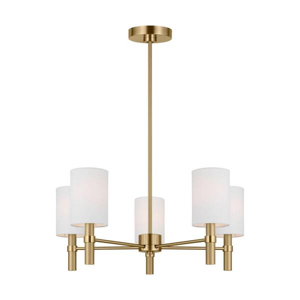 SCOTT LIVING - Manor 5-Light Satin Brass Medium Chandelier with White Linen Fabric Shades and No Bulbs Included