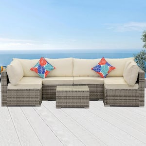 7-Piece Wicker Outdoor Sectional Set Patio Conversation Sofa Set with Gray Cushions