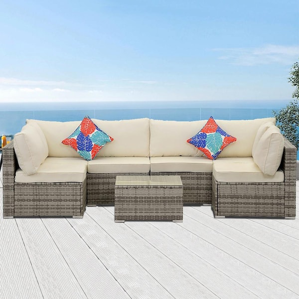 Runesay 7-Piece Wicker Outdoor Sectional Set Patio Conversation Sofa Set with Gray Cushions