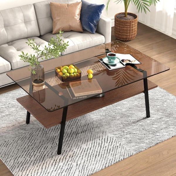 38.58 in. Modern Rectangle Tempered Brown Glass Coffee Table, Black Metal Legs & MDF Base for Living Room