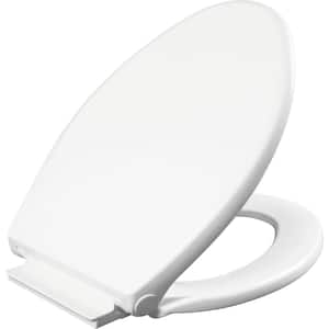 Fremont Slow Close Elongated Closed Front Plastic Toilet Seat in White that Never Loosens