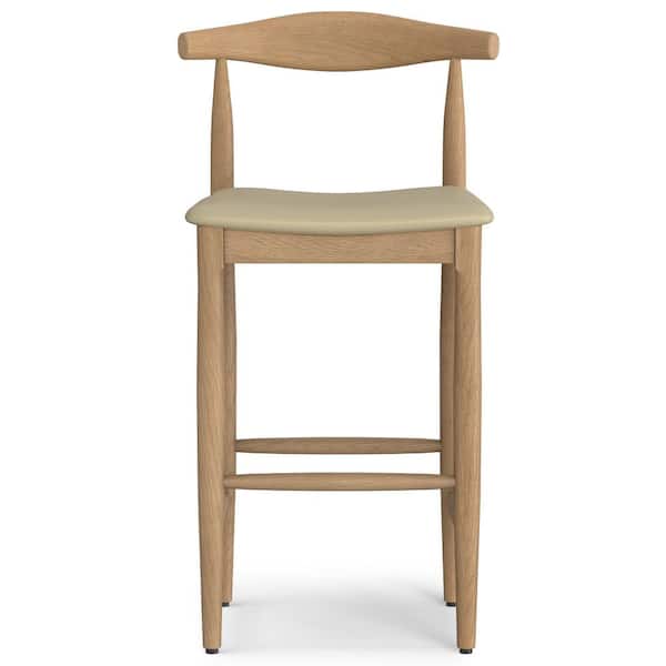 Simpli Home Molly 29 in. Mid Century Modern Bar Stool in Natural Wood Faux Leather, Fully Assembled