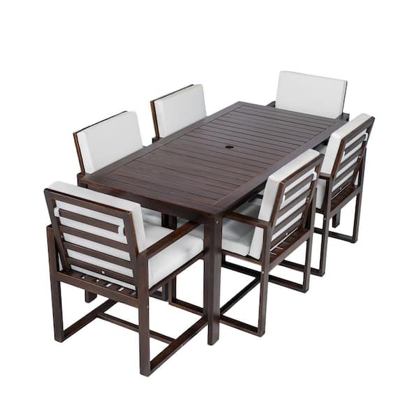 Teak 7-Piece Wood Outdoor Dining Set with White Cushion and Umbrella Hole for Patio, Deck, Backyard, Garden and Poolside
