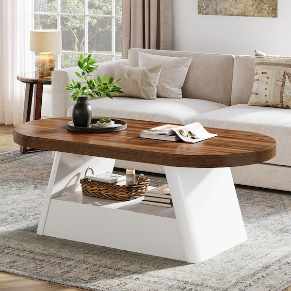 Kerlin 47 in. Brown and White Oval Wood Coffee Table w/ Storage Shelf Modern 2-Tier Accent Center Tables for Living Room