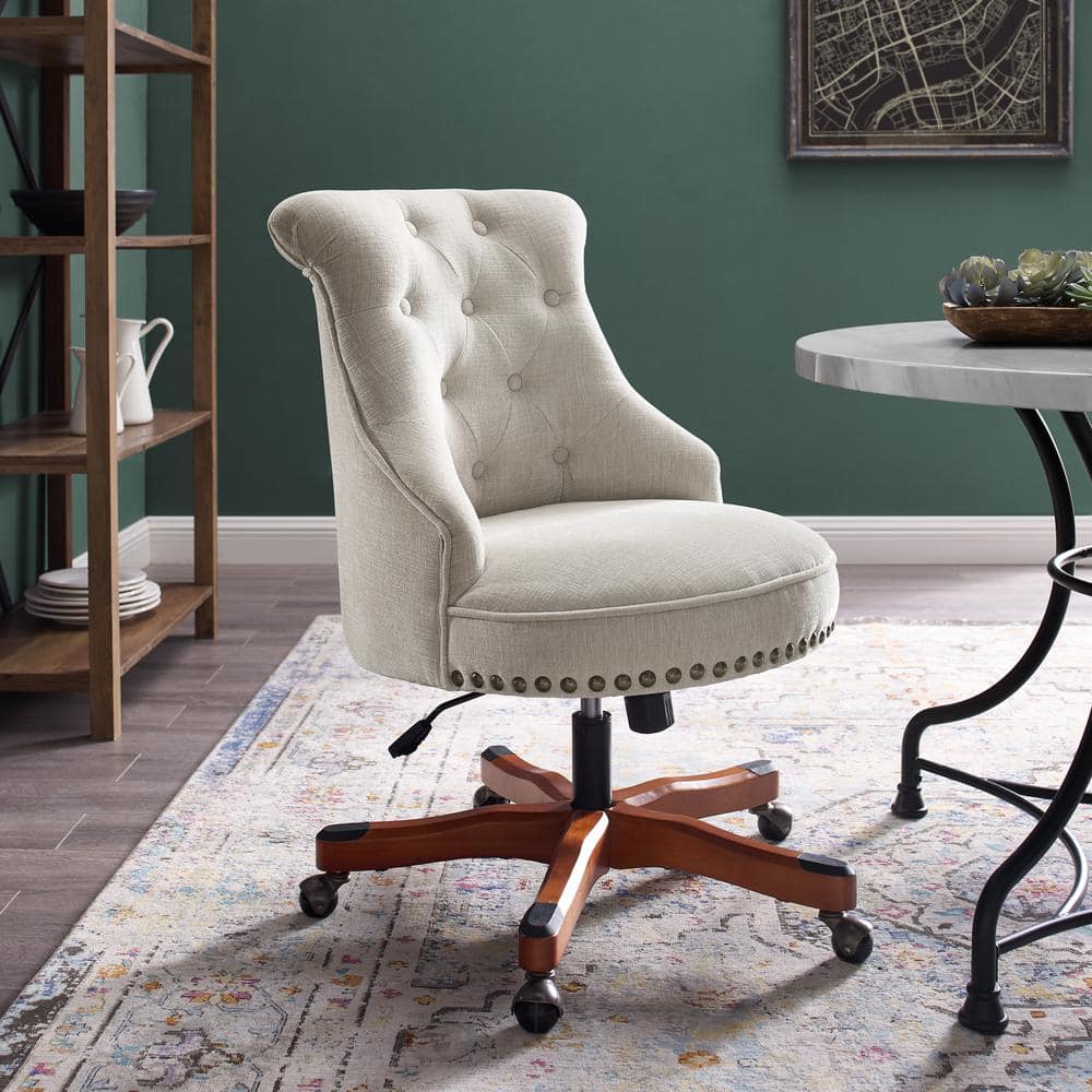 Sinclair Swivel Executive Chair in Natural Off-White with Dark Walnut Wood Base